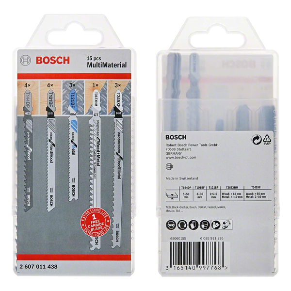 Bộ 15 lưỡi cưa lọng gỗ Bosch 2607011436 (9 T144DP, 5 T101BF, 1 T144DHM)